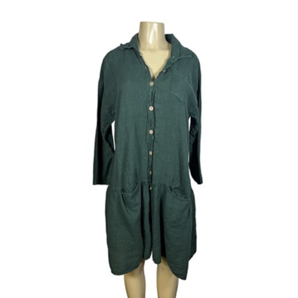 Saga Italy Dress Womens Plus One Size Green Linen Shirt Dress Pockets Made Italy